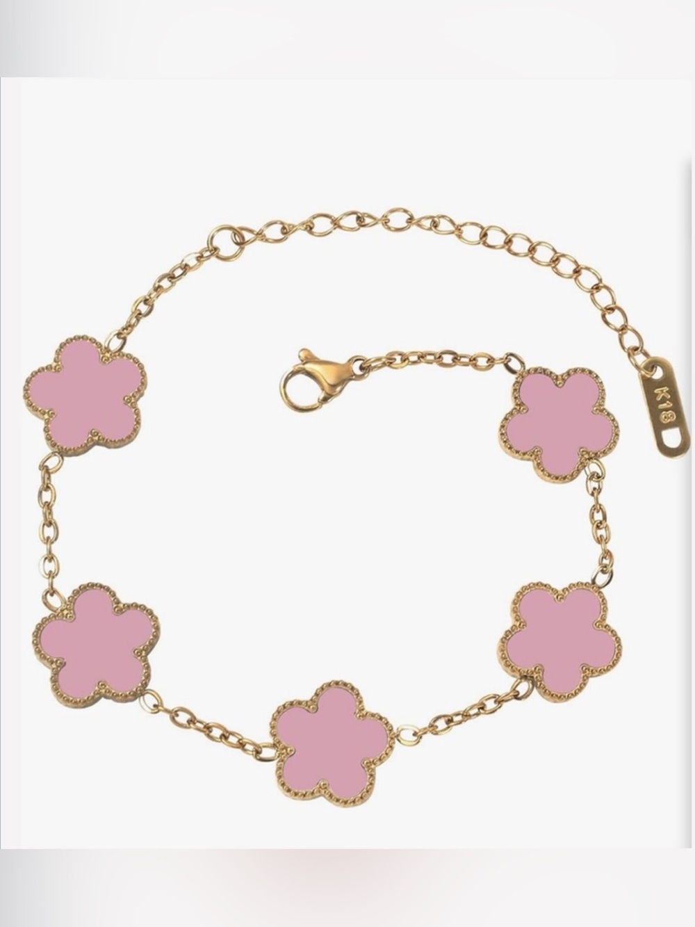 18K Gold Dainty Textured Clover Charm Bracelet Van Cleef Style Alhambra Luxury